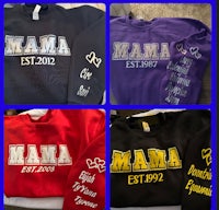 four different sweatshirts with the word mama on them